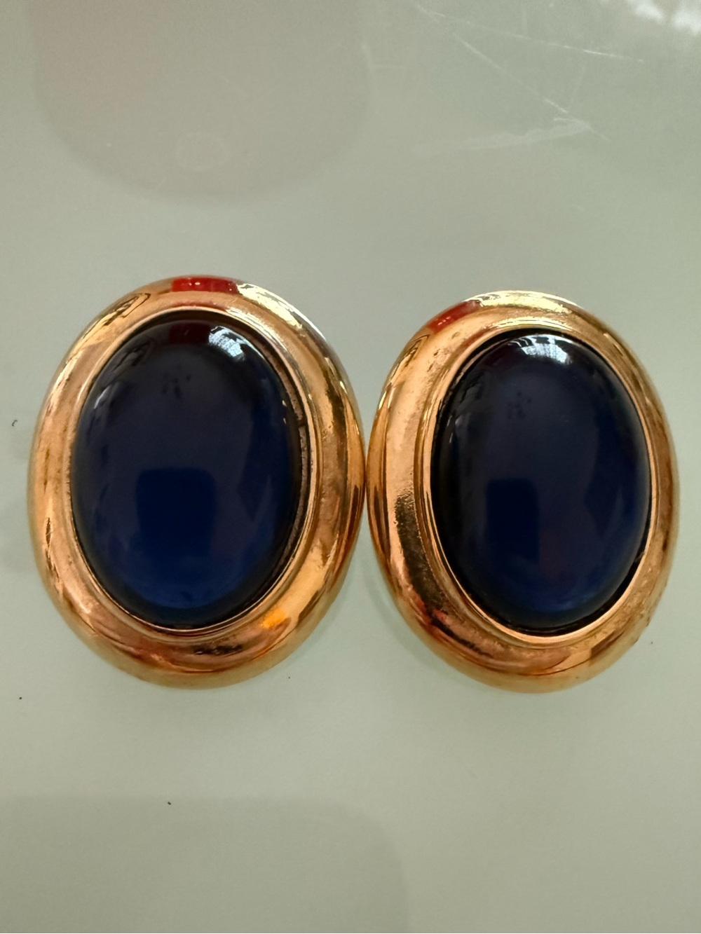 Vintage Monet Clip-On Earrings – Blue Cabochon & Gold Tone